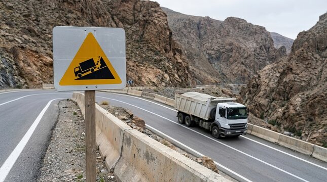 Steep slope warning sign on a winding mountain road. White dump truck driving through a rocky canyon pass