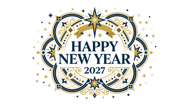 Happy New Year 2027 Festive Greeting: A decorative and elegant design proclaims Happy New Year 2027 surrounded by ornate swirls, stars, and confetti, creating a celebratory atmosphere.
