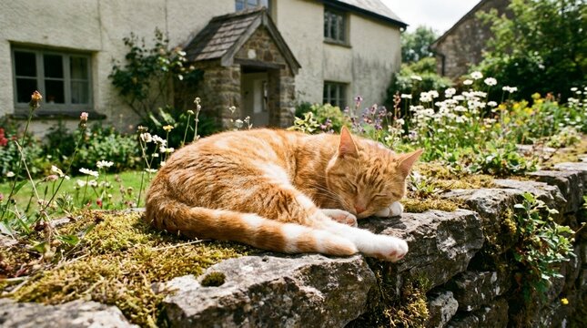 Ginger cat sleeping on a mossy stone wall in front of a cottage. Traditional English country garden with wildflowers