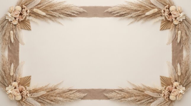 Boho wedding border with pampas grass and feathers. Symmetrical decorative frame with copy space on a beige background