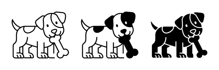 Naklejka premium Cute Puppy Icons, Dog with Bone Vector Set, Playful Pet Illustrations, Black and White Animal Graphics