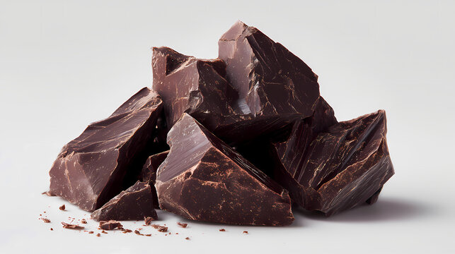 Chocolate chunks sit piled on a clean surface.