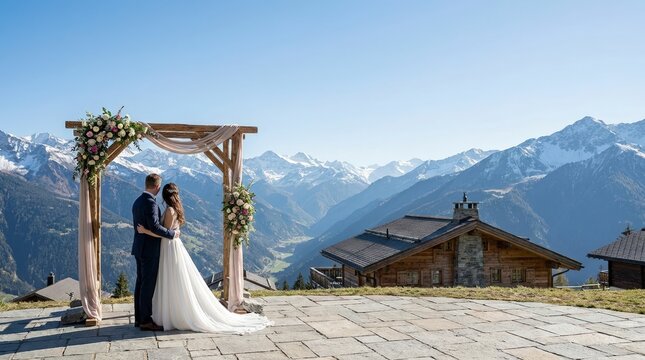 Destination wedding in the Alps with a dramatic mountain view. Bride and groom standing under a floral wooden arch on a stone terrace. Alpine chalet background