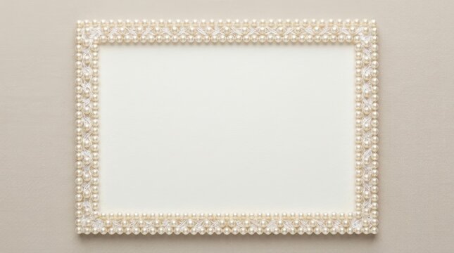 Elegant pearl and lace frame on a beige fabric background. Symmetrical rectangular border with empty white copy space. Wedding invitation mockup template
