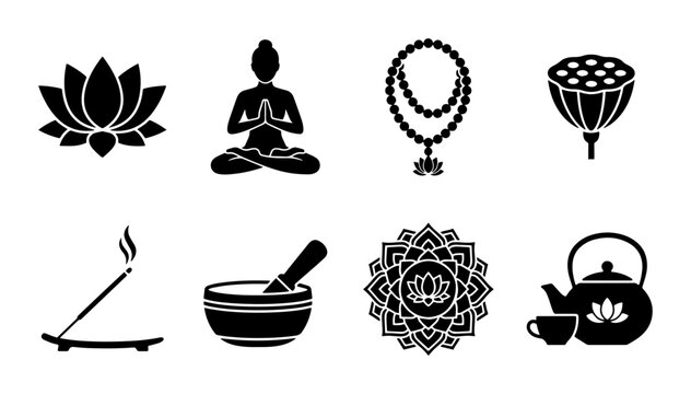 Zen Yoga Meditation Icons Set, Spiritual Wellness Symbols, Lotus Flower, Buddha, Incense, Singing Bowl, Mandala, Tea Ceremony, Black and White Vector Graphics