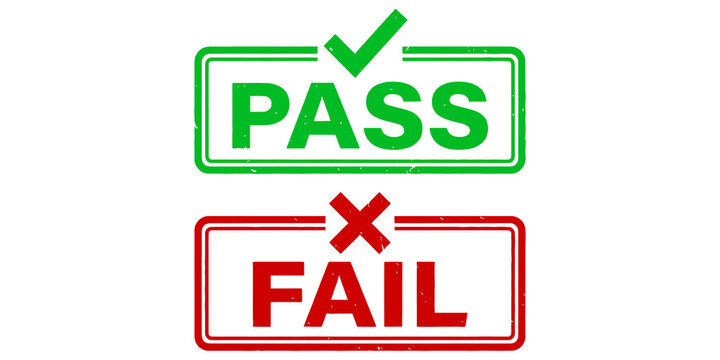 Green PASS and red FAIL signs with checkmark and cross on transparent background