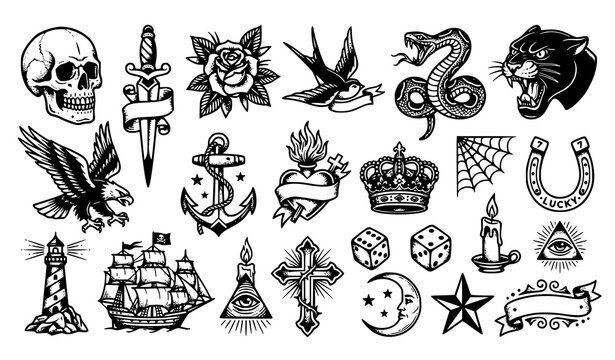 Old School Black Tattoo Flash Icons Collection Vector EPS