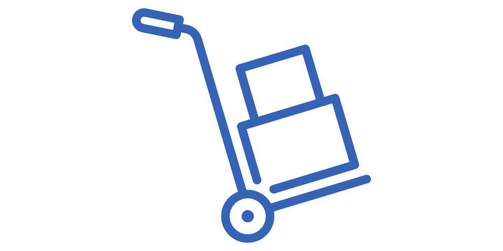 Blue dolly icon with box on transparent background