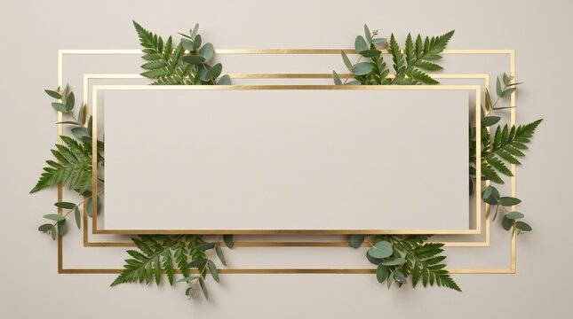 Geometric gold frame with green fern and eucalyptus leaves. Symmetrical rectangular botanical border on a beige background. Minimalist invitation mockup with copy space