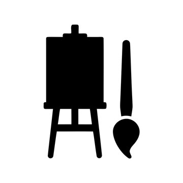 Black and white painting easel with brush - Minimalist black and white illustration of a small easel with a painting and a brush, perfect for artistic or creative stock needs.