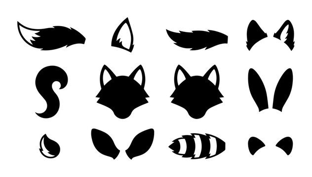 Cute Animal Ears and Tails Vector Icons Set, Silhouette Animal Accessories for Costume Design, Party Favors, and Digital Graphics