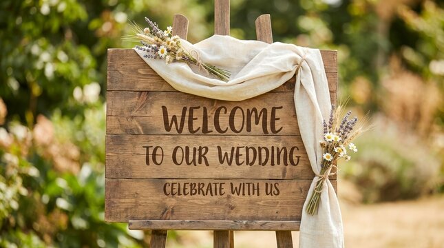 Rustic wooden wedding welcome sign on easel. Outdoor garden ceremony decoration with wildflowers and draped linen. Celebrate with us sign