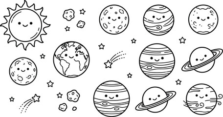 Cute Solar System Vector Icon Set with Smiling Planets Sun Moon Asteroids and Shooting Stars for Kids Coloring Book Pages © MDFiroj