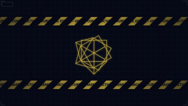 Rotating gold geometric wireframe shape on dark construction background