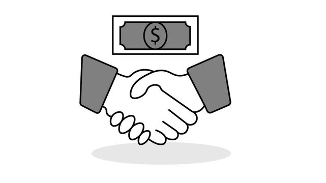 The graphic features a stylized handshake between two hands wearing suit cuffs, symbolizing an agreement, partnership, or deal.