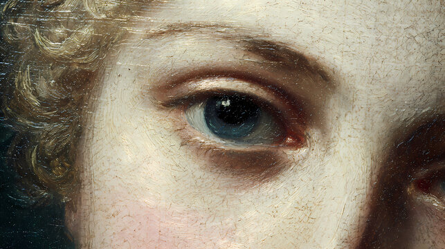 Eye detail features an oil painting on canvas.