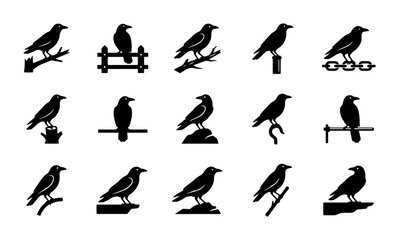 Obraz premium Crow Silhouette Icons Set: Perched Birds, Branch, Fence, Post, Chain, Horseshoe, Rock, Emblem, Vector Graphics Collection