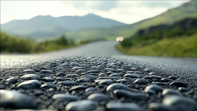 This captures the beauty of nature and the aftermath of rain, with raindrops scattered across a wet road set against a backdrop of majestic mountains.