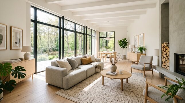 A bright and airy modern living room featuring large floor-to-ceiling black-framed windows, a comfortable beige sofa, minimalist decor, natural wood accents, and a fireplace with wood storage.