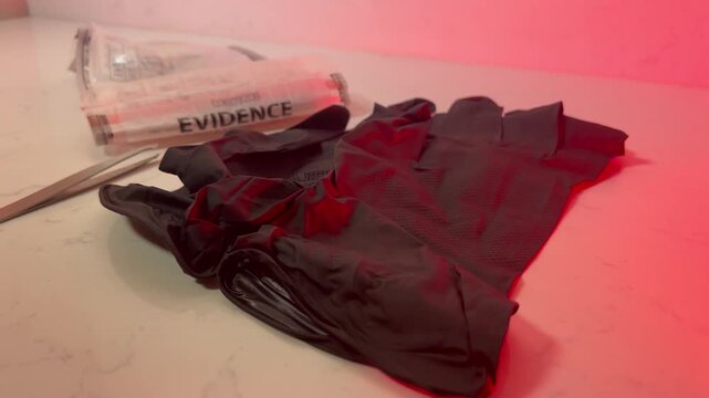 smokey forensics evidence crime scene with evidence bags and gloves