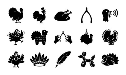 Fototapeta premium Thanksgiving Turkey Icons Set: Festive Holiday Vector Graphics for Autumn Celebrations, Food, and Family Gatherings