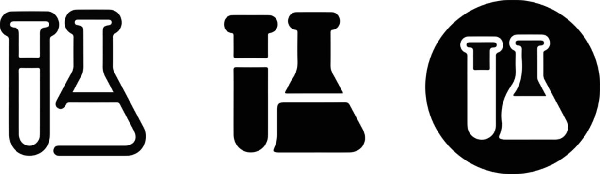 Erlenmeyer flask set black and white scientific glassware icons for chemistry and biology