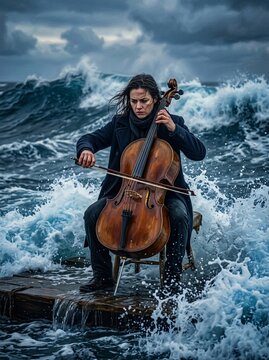 Woman playing cello on a pier surrounded by stormy sea waves
