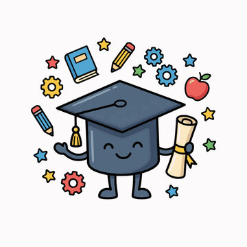 Cute graduation cap cartoon in colorful vector style.