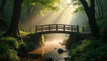 Naklejka premium Wooden bridge crosses gentle stream in lush green forest. Sunbeams pierce morning mist over water. Path winds through trees, vegetation, and rocks for peaceful nature exploration.