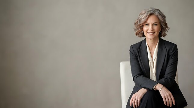Middle-aged woman with wavy gray hair, Caucasian ethnicity, wearing professional black blazer and white blouse, seated on white chair against neutral gray background for corporate and business use.