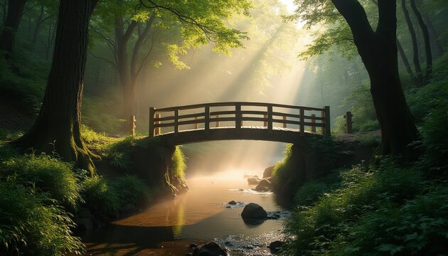 Wooden bridge crosses gentle stream in lush green forest. Sunbeams pierce morning mist over water. Path winds through trees, vegetation, and rocks for peaceful nature exploration.