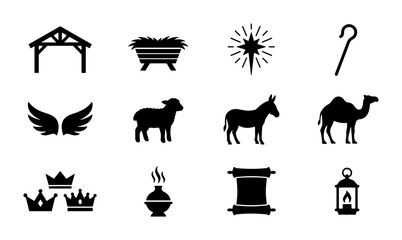 Fototapeta premium Nativity Scene Icons Set, Christmas Story Symbols, Religious Holiday Vector Graphics, Christian Celebration Elements