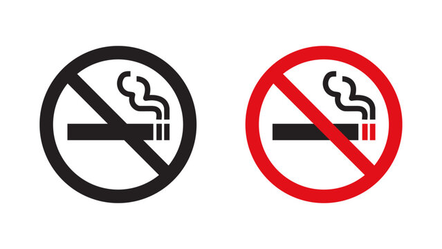 No smoking sign with prohibited cigarette symbol in black and red circle styles. Smoking prohibition icons for safety and compliance.