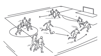 Hand drawn soccer field diagram with players and tactics. © sabar