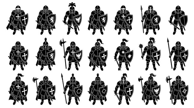 Medieval Knight Warrior Silhouette Collection with Shields Spears Swords and Armor Vector Icon Set