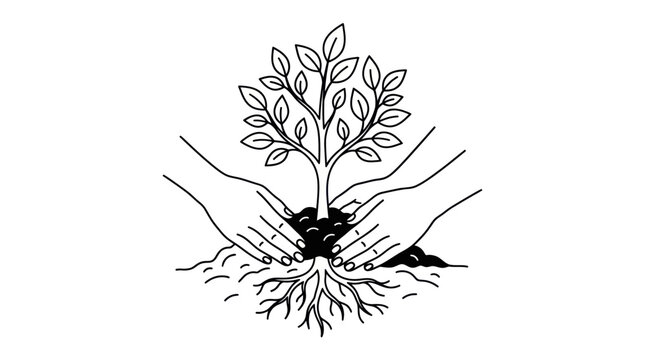 Hands planting young tree sapling in dirt.