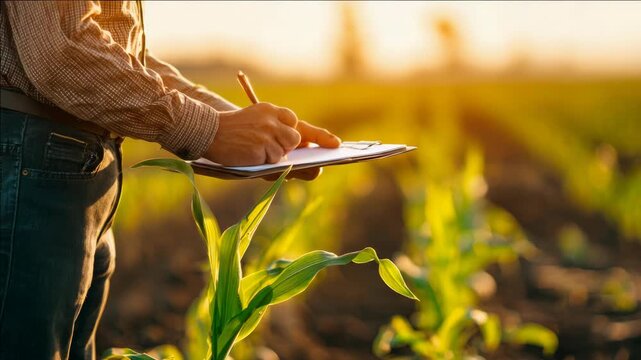 A person holding a clipboard and pen while standing among crops during the golden hour of sunlight, creating an of agricultural work.