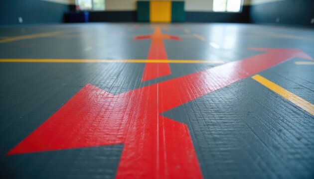 Red directional arrows painted on gym floor guide movement. Yellow lines mark lanes. Sports training space shows direction for athletes. Fitness activity path setup.