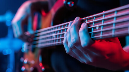 Fototapeta premium Close-up of hands playing bass guitar in colorful stage lighting 