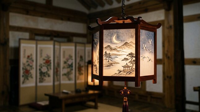 Traditional Korean lantern in a hanok interior