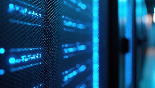 Blue light streaks illuminate server rack mesh grid. Data center equipment blinks with network connection. Digital information flows through secure cyberspace.