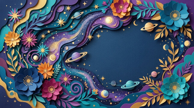 Colorful cosmic nature scene with vibrant flowers, planets, and stars surrounding a blank space for design or text