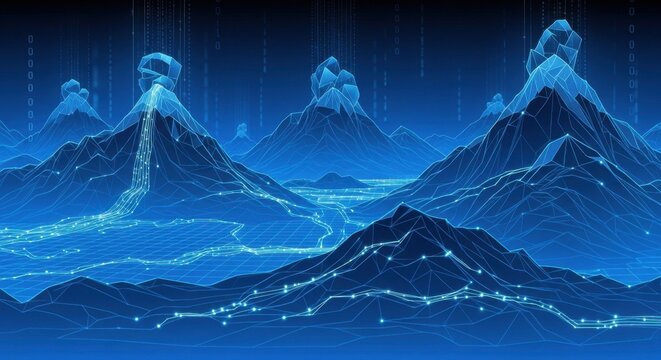 Futuristic blue mountains with neon lights