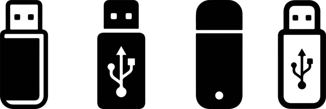 Four black usb flash drive icons on white background data storage and transfer solutions