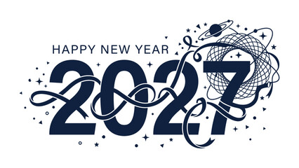 Happy New Year 2027 Cosmic Design: Celebrate the dawn of a new year with this visually striking graphic, featuring the year 2027 rendered in an elegant font. © Abu
