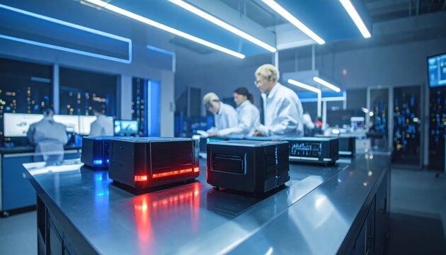 Modern laboratory with scientists conducting research and experiments.