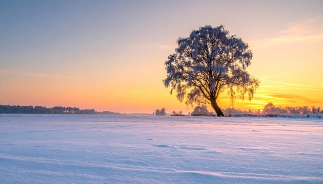 Winters Embrace - A Lone Tree in a Snowy Landscape at Sunset.
