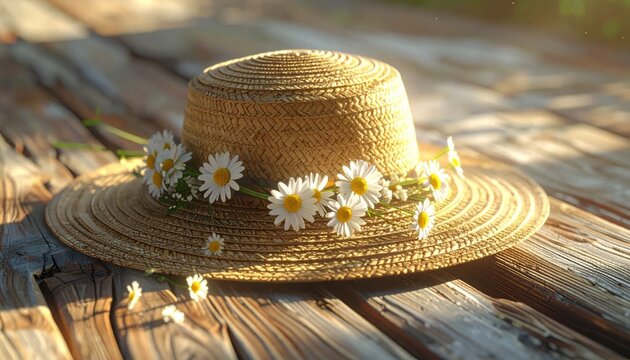 Charming Straw Hat Adorned with Daisies on Rustic Wooden Surface.