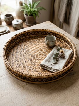 Woven rattan tray with ceramic cup and linen napkin on wooden table