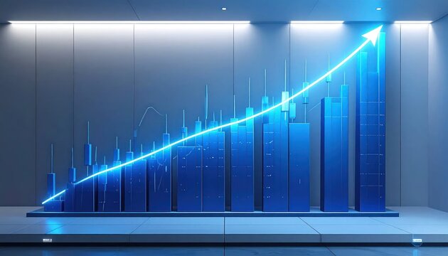 Abstract Blue Bar Graph with Upward Arrow Indicating Growth.